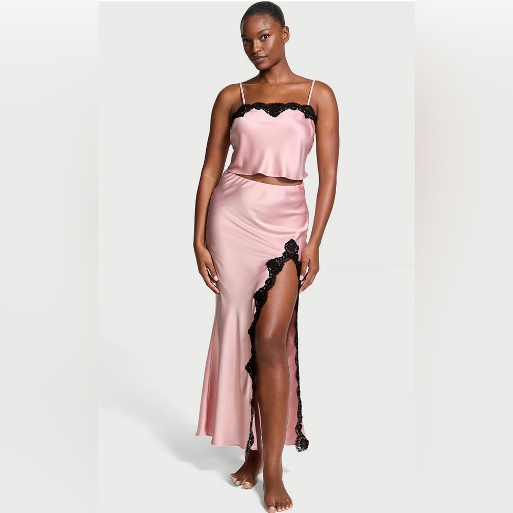 Satin Lace-Trim Cropped Top & Slip Skirt Set